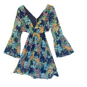 Rachael & Chloe Sundress Sz Large Sexy Floral Cut-Out Sheer Bell Sleeves Women's